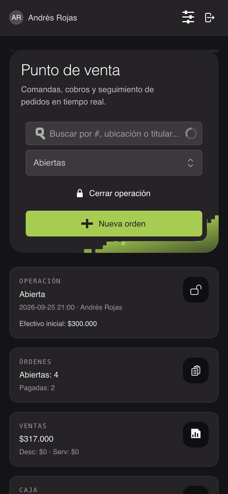 Punto de venta en la app de Venue Master, en tema oscuro